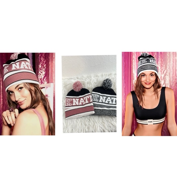 VICTORIA’S SECRET PINK 2 Knit Pom-Pom Beanie Hat Fashion Show PINK NATION - Picture 1 of 16